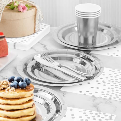 Silver Plates Party Supplies Disposable Dinnerware Set,168pcs Silver Paper Plates and Napkins for Graduation Holiday Disco Birthday Party Decorations Serves 24 - Image 6