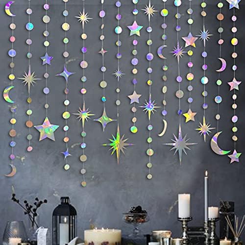 Iridescent Party Decorations Holographic Star Moon Circle Dot Garland Hanging Crescent and Twinkle Little Star Streamer Bunting Banner for Birthday Ramadan EID Mubarak Euphoria Karaoke Music Decor by pinkblume