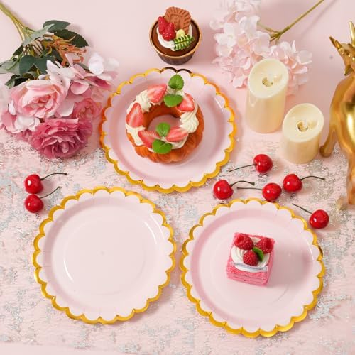 Pink & gold scalloped party plates with napkins and fork gold foil border, 24 Guest Pink disposable Tableware Set Party Decoration for Birthday Coquette Bridal Baby Shower Valentines - Image 3