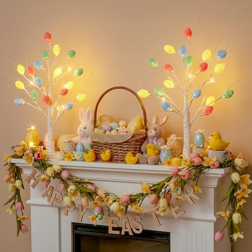 Vanthylit Easter Decorations, 2 Pack Lighted Easter Tree Battery Operated with Timer, 22 Inch LED Birch Tree with 36 Egg Ornaments Indoor Tabletop Centerpiece Light for Home Decor - Image 2