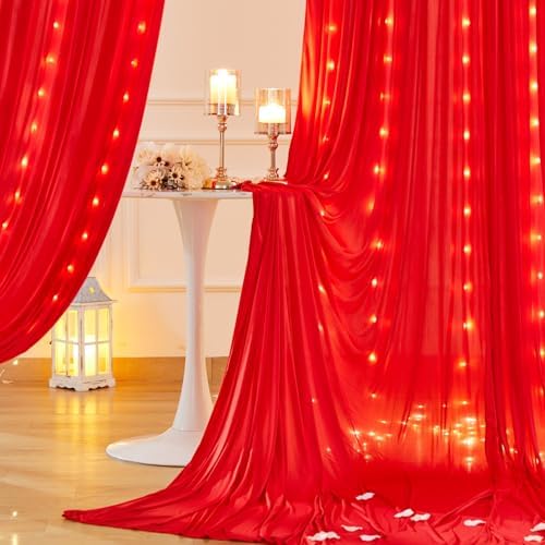 30 x 10ft Red Green Backdrop Curtains with Lights String - Image 3