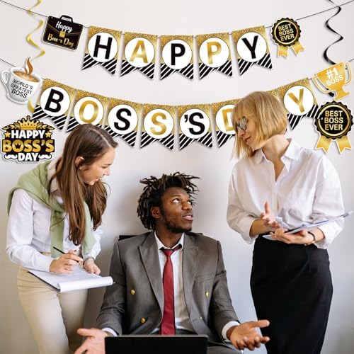 Happy Boss's Day Banner International Boss Day Paper Bunting Banner Boss's Day Best Boss Ever #1 Boss Party Banner for Office Wall Mantel Fireplace Party Hanging Decorations Supplies - Image 6