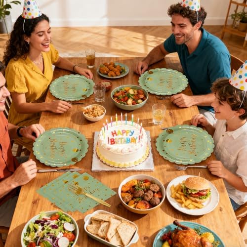 48PCS Happy Birthday Sagegreen and Gold Plates&Napkins Party Supplies - Image 6