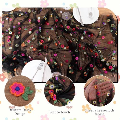 BINBE 1pcs Black Daisy Spring Table Runner Embroidery Gauze 10FT Florals Seasonal Tulle Holiday Birthday Kitchen Dining Table Decor for Home Party - Image 6