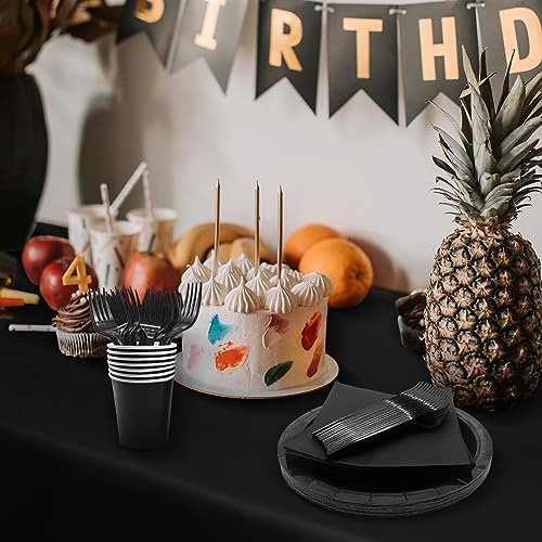 Severs 25 Guests Black Paper Plates Cups Napkins 9 Inch - Image 2