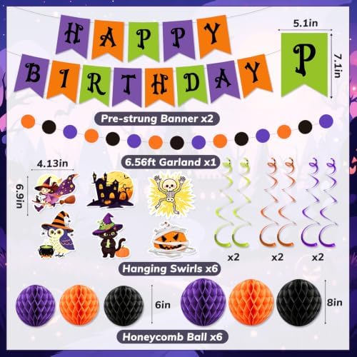 Halloween Birthday Party Decorations - Pre-strung Halloween Decorations Includes Happy Birthday Banner Tablecloth Circle Garland Hanging Swirls Honeycomb Balls for Spooky Themed Decor - Image 3