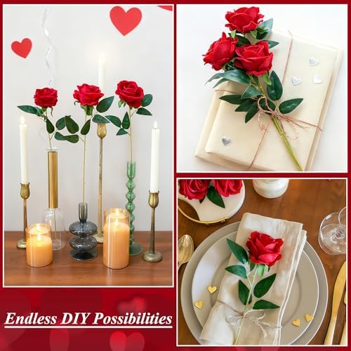 50 PCS Red Roses Artificial Flowers, Fake Roses with Stems Realistic Silk Roses for DIY Wedding Bouquets Tables Centerpieces Arrangements Baby Shower Birthday Home Decor Valentine's Day Gift for Her - Image 3