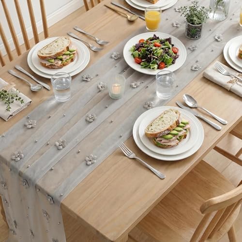 Artoid Mode Gray Flower Pearl Gray Gauze Table Runner 10FT, Seasonal Sheer Dining Holiday Wedding Birthday Baby Shower Table Decor for Home Party - Image 5
