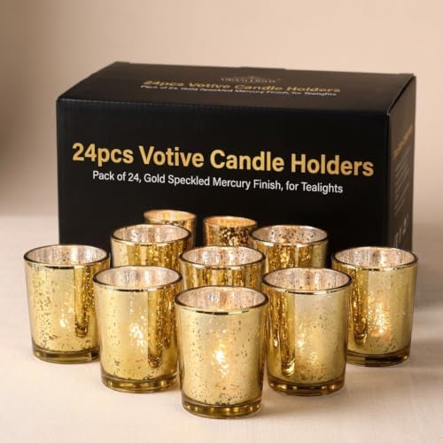 LETINE 24pcs Gold Votive Candle Holders – Glass Tea Light Candles Holder, Standard Votive Size for Regular Votive Candles – Bulk Candle Holder for Party Decorations, Bridal Shower, Holiday Decor by LETINE