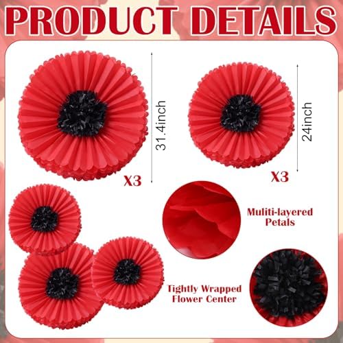 Giegxin 6 Pcs 31.5" 24" Halloween Wizard Gaint Red Poppy Paper Flowers - Image 2