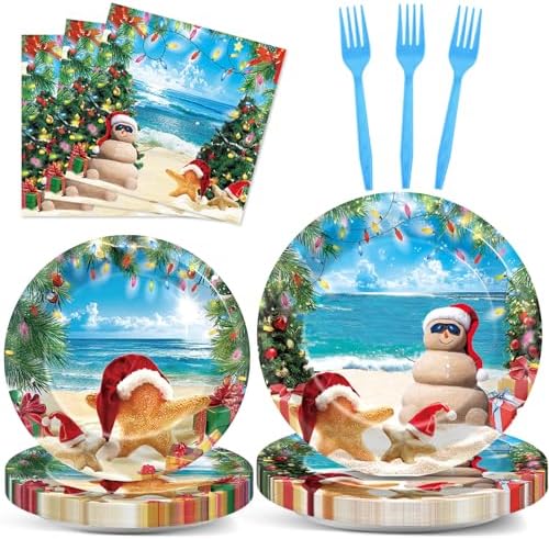 CHUNNIN 96 Pcs Summer July Christmas Plates and Napkins Xmas in July Party Decorations Disposable Dessert Plates Hawaiian Beach Tableware Set for 24 Guests Tropical Birthday Party Supplies by CHUNNIN