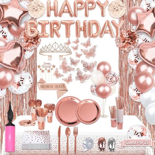 Guudmua 285 Pcs Rose Gold Party Decorations, Birthday Decorations For Women Or Girl - Knives, Forks and Spoons, Tiara, Butterfly, Sash, Paper Pom Poms, Balloon Stand, Tableware For 25 Guests by Guudmua
