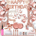Guudmua 285 Pcs Rose Gold Party Decorations, Birthday Decorations For Women Or Girl - Knives, Forks and Spoons, Tiara, Butterfly, Sash, Paper Pom Poms, Balloon Stand, Tableware For 25 Guests by Guudmua