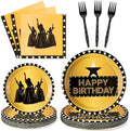 GaofanWai Famous Musical Star Tableware - 96PCS Black & Gold American Musical Theater Party Paper Plate Set for Adult Fans, Inspired Happy Birthday Party Decoration Dinnerware Napkin Fork, 24 Guests by GaofanWai