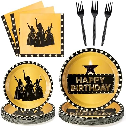 GaofanWai Famous Musical Star Tableware - 96PCS Black & Gold American Musical Theater Party Paper Plate Set for Adult Fans, Inspired Happy Birthday Party Decoration Dinnerware Napkin Fork, 24 Guests by GaofanWai