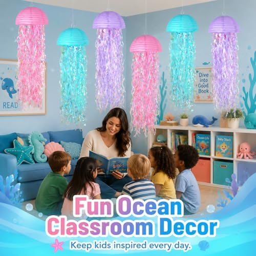 6-Pack Jellyfish Paper Lanterns, Mermaid Birthday Party Decorations - Image 6