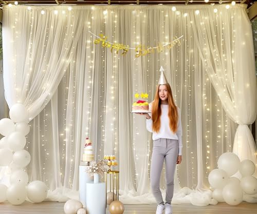 Ivory Tulle Backdrop Curtains with Lights String for Parites Wedding 20×8ft Ivory Sheer Backdrop Curtains for Baby Shower Birthday Party Photo Shoot Background Decorations(4 Panels 5ft×8ft) - Image 3