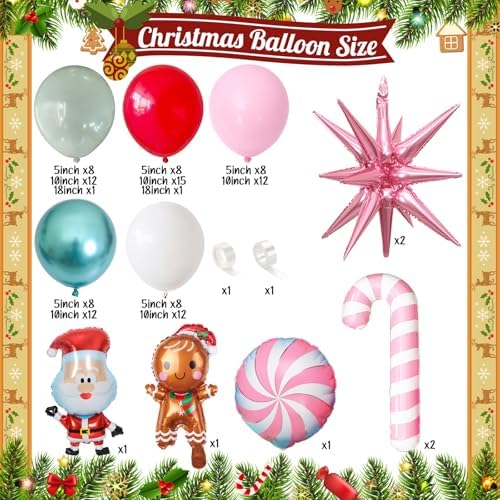 Christmas Balloon Arch Kit, Red Pastel Baby Pink White Mint Dusty Metallic Teal Green Xmas Balloons with Gingerbread Man Claus Candy Cane Foil Balloons for Merry Christmas Party Decorations - Image 2