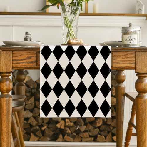 Artoid Mode Diamond Plaid Black Table Runner, Seasonal Halloween Party Kitchen Dining Table Decoration for Home Party Decor 13x120 Inch - Image 2