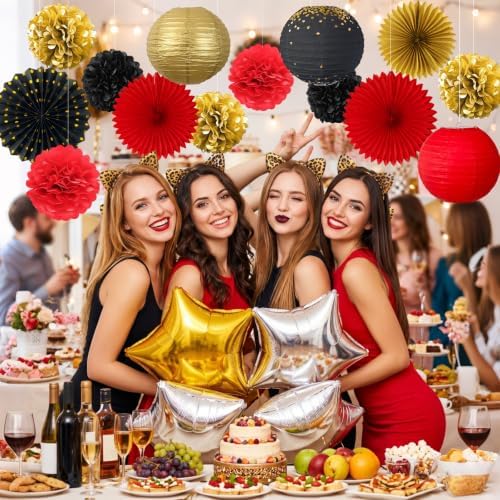 ADLKGG 14 Pcs Red Black Gold Party Decorations, Paper Fans Lanterns Pack - Image 4