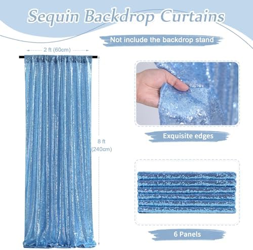 SoarDream Baby Blue Glitter Sequin Backdrop Curtains 6 Pieces 2ftx8ft Dessert Backdrop Wedding Party Decor Glitter Photography Background Christmas Party Decoration - Image 2