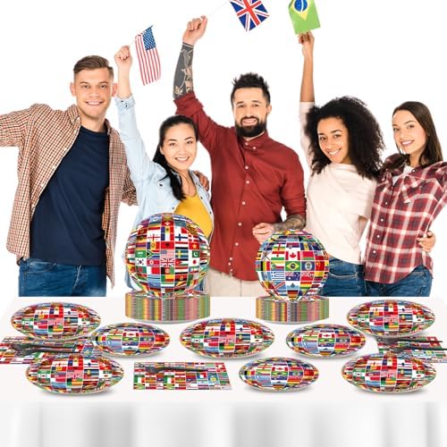 50 Guests International World Flags Party Supplies Decor Around The World Plates and Napkins Forks Travel Trip International Flags Tableware Country Paper Plates for Birthday Baby Shower Party 200PCS - Image 5