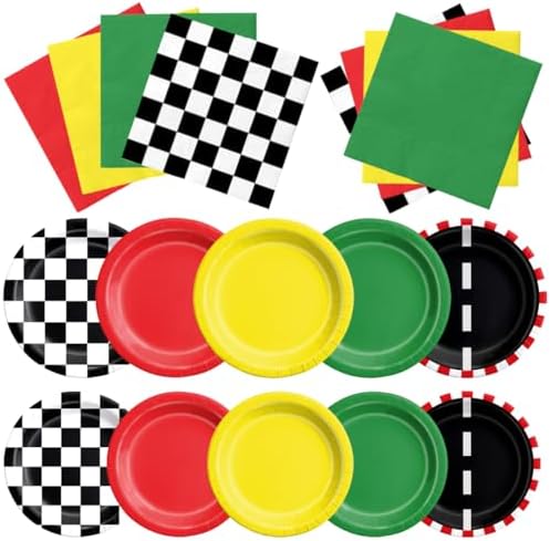 CMUSKO Race Car Birthday Party Decorations - 60Pcs Traffic Light Plates & Napkins Kit Road Checkered Flag Tableware for Boy Party Supplies by CMUSKO