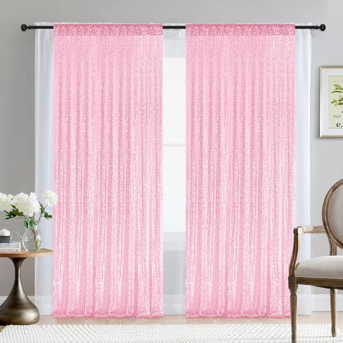 2×8FT-2PCS Pink Sequin Backdrop Curtains Panels, Photography Backdrop Glitter Curtains Fabric Background for Christmas Wedding Party Decor - Image 2