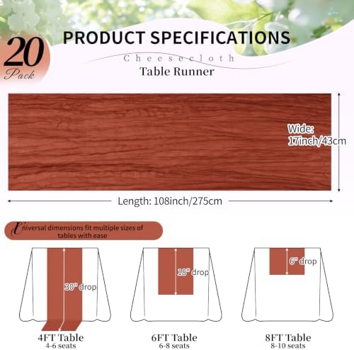 20 Pack Terracotta Cheesecloth Table Runner, 17x108 Inch Semi Sheer Boho Gauze Cheese Cloth Fabric Table Runners for Wedding Party Baby Shower Birthday Garden Farmhouse Table Decor - Image 2