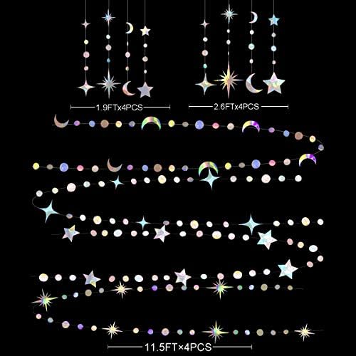 Iridescent Party Decorations Holographic Star Moon Circle Dot Garland Hanging Crescent and Twinkle Little Star Streamer Bunting Banner for Birthday Ramadan EID Mubarak Euphoria Karaoke Music Decor - Image 2