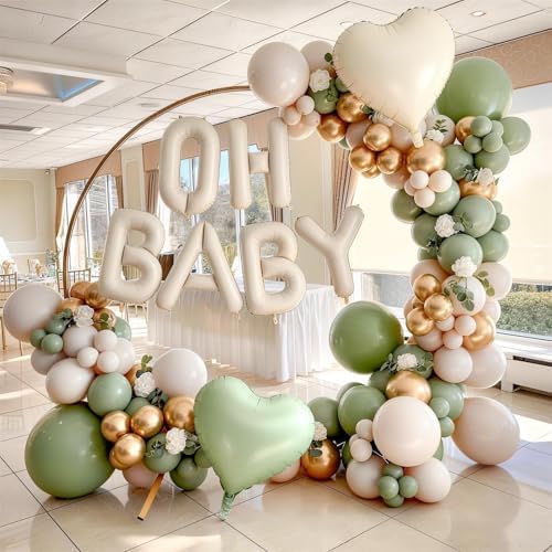 Sage Green Cream Baby Shower Decorations, Welcome OH BABY Letter Foil Balloons Banner Backdrop with Olive Green Gold Beige Latex & Heart Balloon Set for Boho Newborn Babyboy Babygirl Party Decor - Image 3