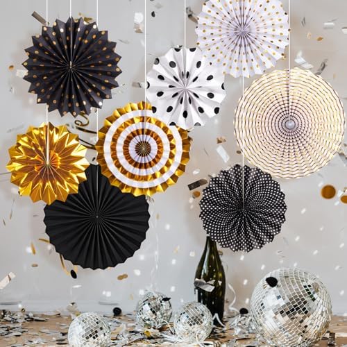 Black and Gold Decorations, Hanging Honeycomb Paper Pompoms Fan for Graduation Birthday Wedding Photo Backdrop Prom Night New Years Black and Gold Party Decorations, Set of 8 - Image 4