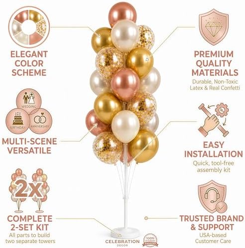 Balloon Column Kit Set of 2 With Balloons Included - with Base, and Pole,Balloon Tower Backdrop Decoration for Wedding, Baby Shower, Birthday Party, or Bachelorette Parties (Rose Champagne Gold) - Image 3