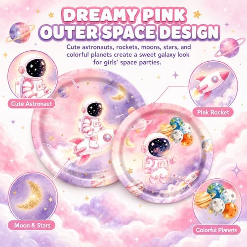 Outer Space Birthday Party Supplies for Girls, 96 Pcs Astronaut Disposable Tableware Set with 9 Inch and 7 Inch Paper Plates, Napkins and Forks, Pink Galaxy Decorations for 24 Guests Baby Shower - Image 3