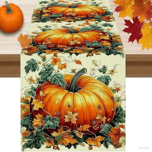 13x72 Inch Fall Table Runner - Orange Polka Dot Pumpkin Eucalyptus Wood Design, Festive Autumn Home Party Kitchen Decor - Image 6