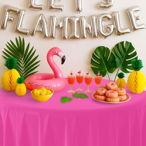 12 Pack Hawaiian Plastic Tablecloth for Round Tables, Pink Green Yellow Tropical Disposable Table Cover, Luau Round Table Cloth for Summer Flamingo Birthday Picnic Party Supplies Decorations - Image 4