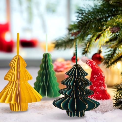 Paper Christmas Tree Ornaments, Red and Green Xmas Party Decorations, 6PCS 3D Mini Glitter Edges Paper Honeycomb Ornaments for Xmas, New Years, Holiday Home Decor - Image 4