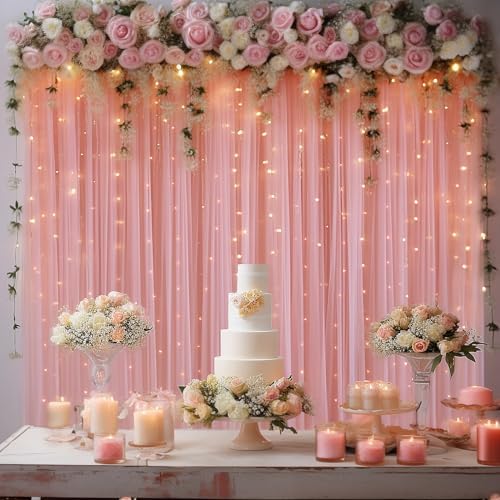 30x10ft Dusty Rose Tulle Backdrop Curtain with Lights String for Parites, Sheer Photo Backdrop Curtains with Lights for Wedding Backdrop Ceremony Reception Bridal Shower Baby Shower Birthday Party - Image 3