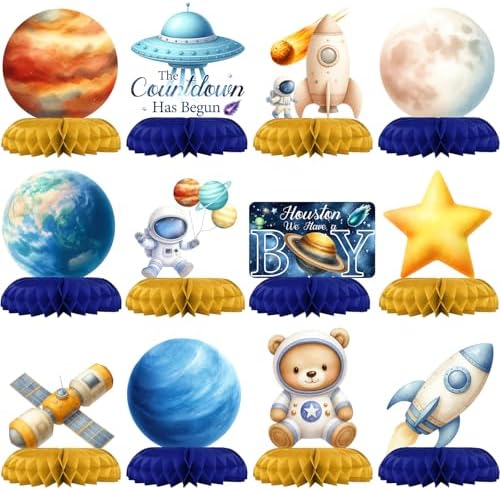 12 Pcs Astronaut Space Baby Shower Decorations for Boy - Outer Space Party Supplies - Rocket Planet Moon Star Galaxy Centerpieces for Tables - Space Honeycomb Table Decor for Baby Shower by Unknown