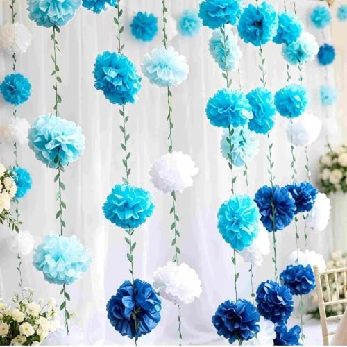 Gradient Blue Tissue Paper Pom Pom Garlands, Paper Flowers for Birthday Decorations, Baby Shower, Wedding Engagement, Bridal Shower, Spring Summer Party Decorations - Image 4