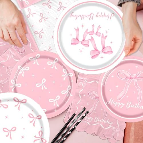 Pink Bow Birthday Party Supplies Serve 24, Coquette Birthday Decorations Include Bow Plates Napkins Cups Banner Tablecloth Cake Topper Balloons Bow Theme Tableware for Girls Bachelorette Decor - Image 4