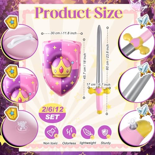 Poen 12 Pcs Inflatable Sword and Shield Medieval Knight Party,Princess - Image 2