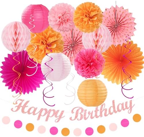 Hot-Pink Orange Fall Birthday Party-Decorations - 21pcs Autumn Women Peach Happy Banner,Girls Groovy Paper Streamers Lanterns Honeycomb,Tissue Flowers Pom Poms Fan, Boho Garland Room Decor by Huglony