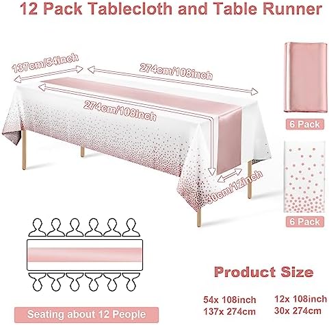 12 Pack Disposable Plastic Tablecloths and Satin Table Runner Set White and Rose Gold Dot Tablecloth Rose Gold Satin Table Runner for Wedding Birthday Baby Shower Anniversary Christmas New Year Party - Image 2