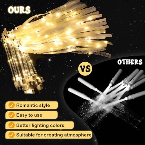 100 Pcs Wedding Wands Ribbon with 3 Colorful Flashing Modes, Light up LED Silk Fairy Wands, Glow Lace Stick with Bells for Wedding Reception, Graduation, New Year, Birthday Party (Warm White) - Image 4
