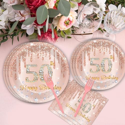 CHUNNIN 200 PCS Happy 50th Birthday Party Plates Napkins Pink Rose Gold Tableware Set for Women 1976 Decorations Dessert Plates Forks Serve 50 Guests for Girls 50th Birthday Party Supplies - Image 4