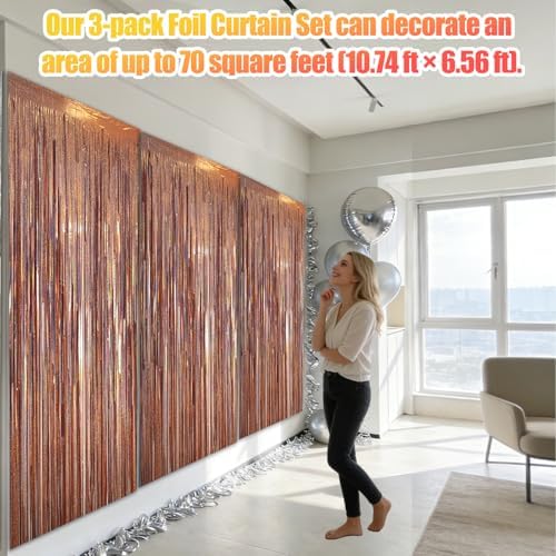 3 Pack 3.28ft x 6.56ft Glitter Rose Gold Tinsel Foil Fringe Curtains, Photo Booth Backdrop Party Decorations for Birthday Wedding Baby Shower Galentines Bachelorette New Years - Image 3