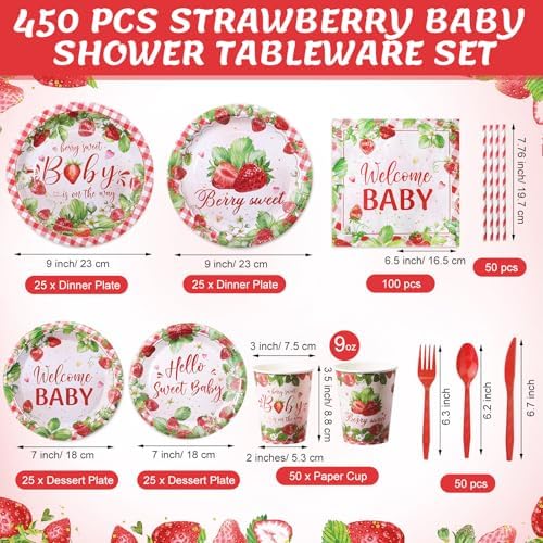 450 Pcs Strawberry Baby Shower Tableware Set, Serve 50, Red and Pink - Image 2