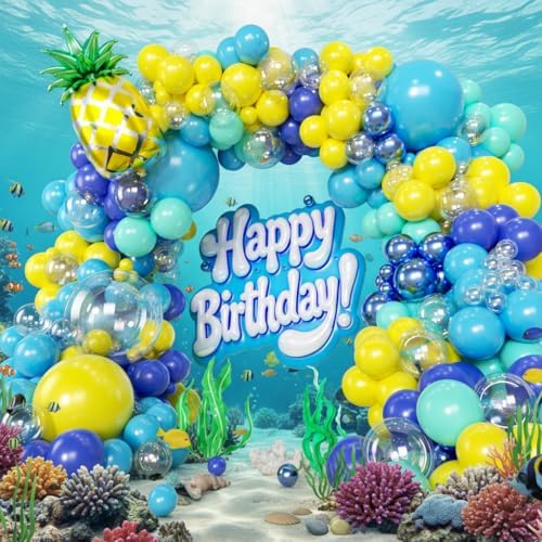 160pcs Cartoon Sponge Balloons Garland Arch Kit, Birthday Decorations Yellow Blue Clear Metallic Blue Teal Balloons and Pineapple Balloon Arch for Cartoon Birthday Baby Shower Party Decor - Image 4