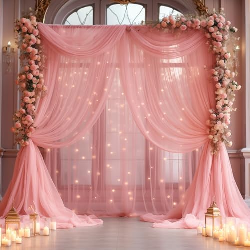 20×10ft Dusty Rose Tulle Backdrop Curtain with Lights String for Parties, Sheer Curtain Backdrop Drapes for Wedding Party Home Decorations by WishCare